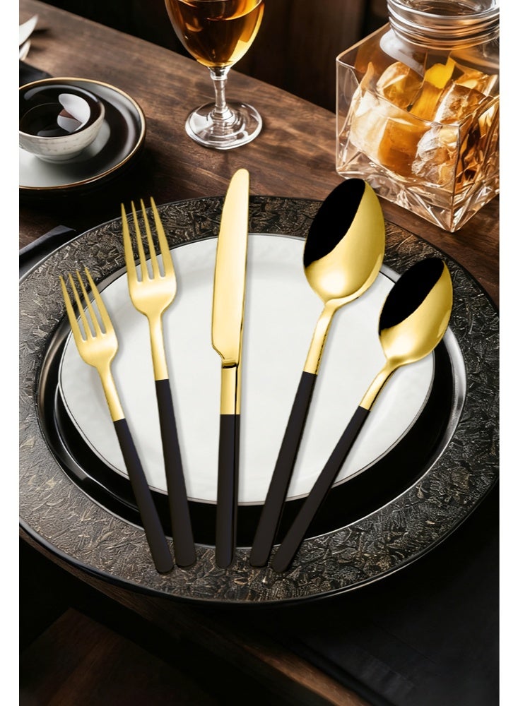 30 قطعة مجموعة أدوات مائدة من الفولاذ المقاوم للصدأ، مجموعة أدوات المطبخ، أطباق غربية خالية من الملمس السطحي، مناسبة للمطبخ المنزلي أو المطعم، أسود ذهبي - Image 4